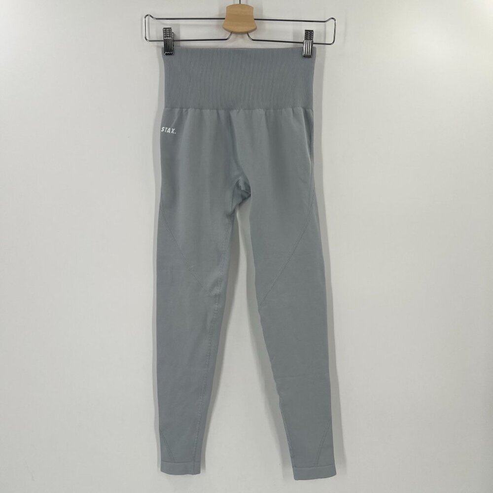 Stax Seamless High‎ Waisted Leggings S Small Blue Grey Ribbed Waistband Gym